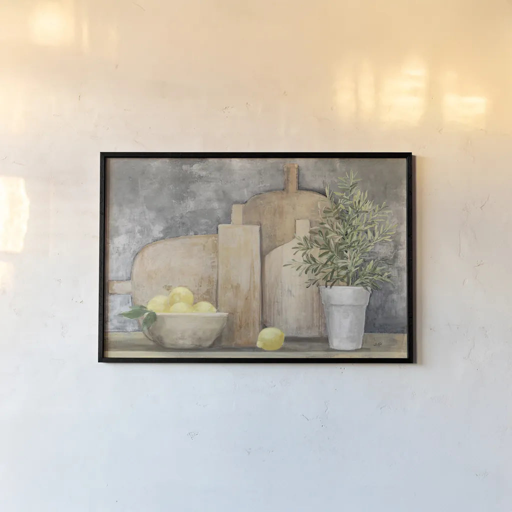 Rustic Kitchen Gray by Julia Purinton. shown as a paper print in a black flame. Available as a archival giclee rolled canvas, fine art paper, or poster print. SKU 80772i.