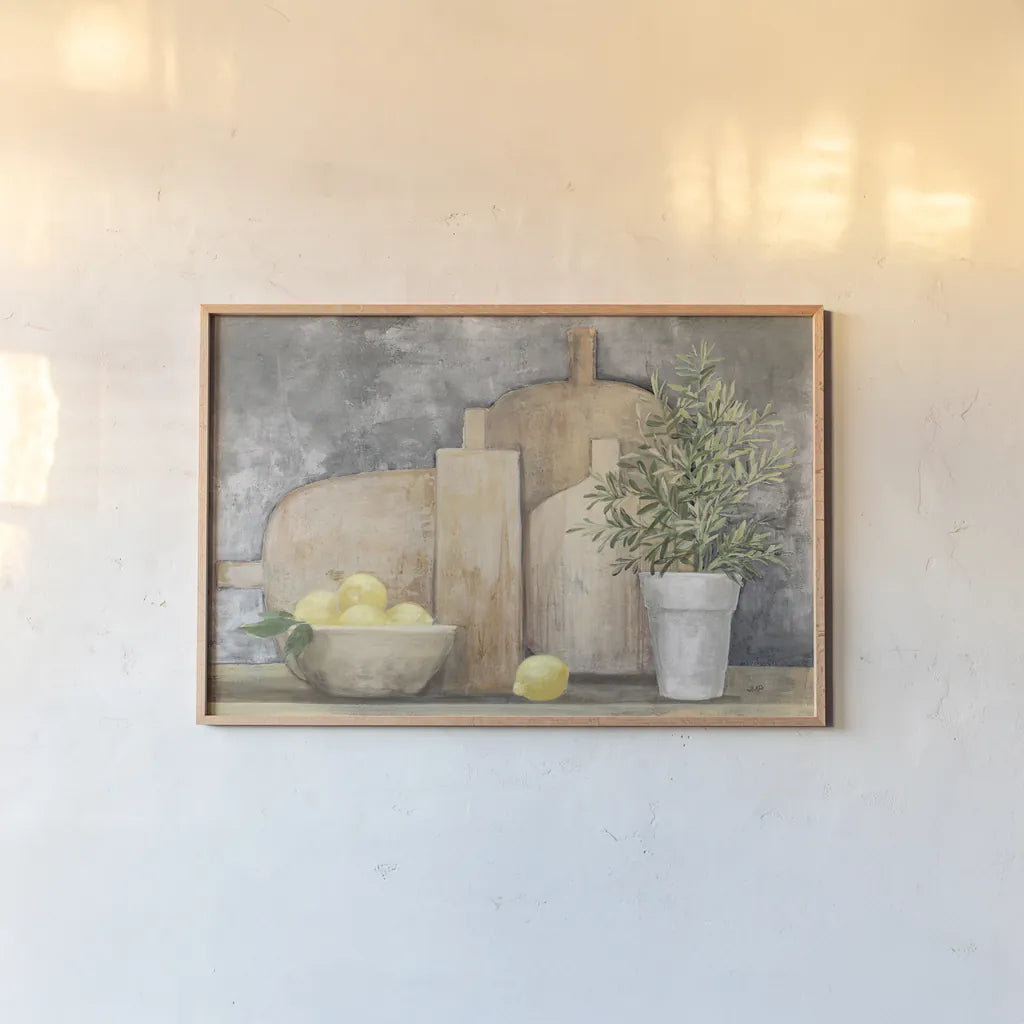 Rustic Kitchen Gray by Julia Purinton. shown as a paper print in a natural frame. Available as a archival giclee rolled canvas, fine art paper, or poster print. SKU 80772i.