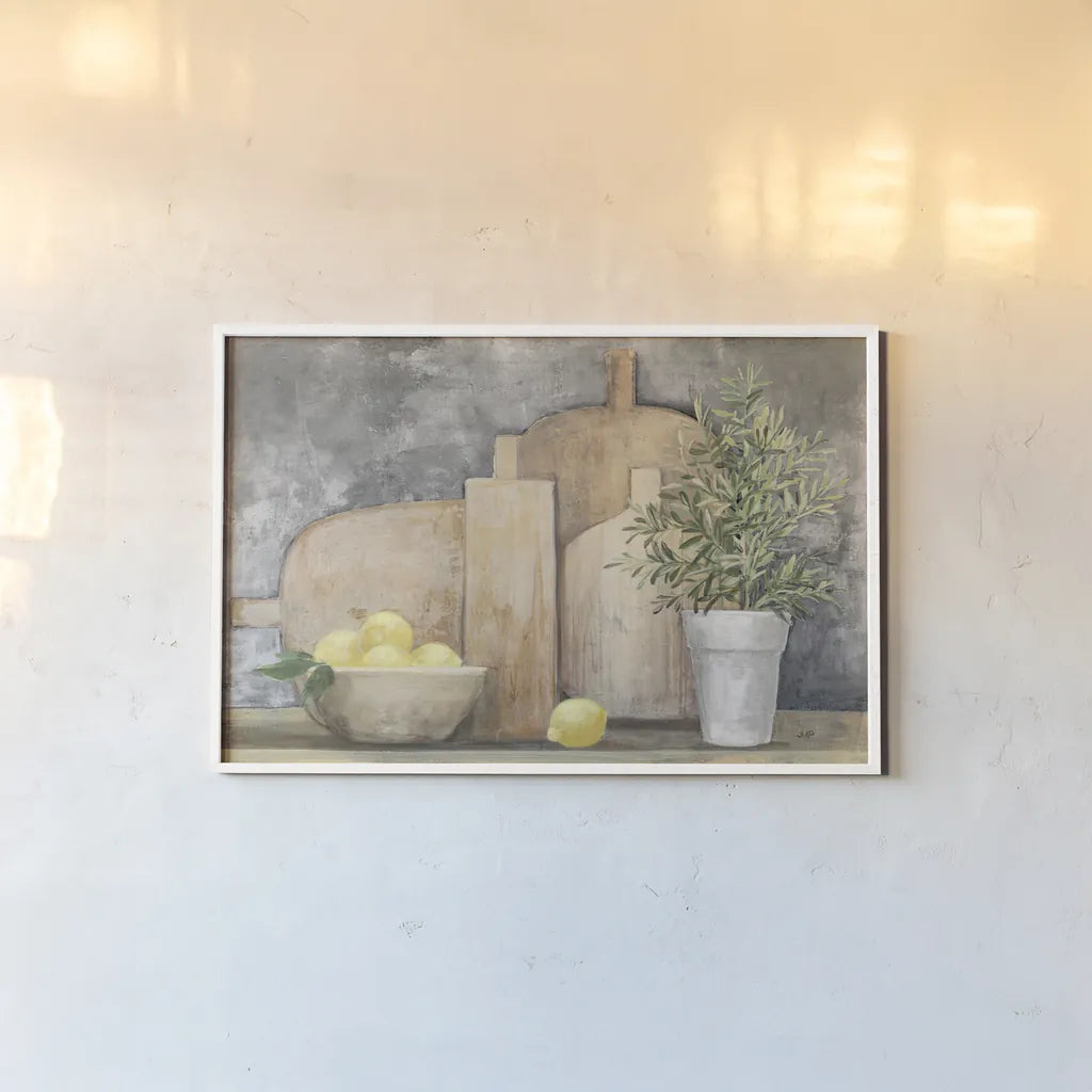 Rustic Kitchen Gray by Julia Purinton. shown as a paper print in a white frame. Available as a archival giclee rolled canvas, fine art paper, or poster print. SKU 80772i.
