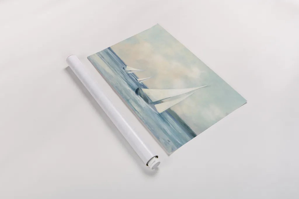 Sailboats at Sunrise by Julia Purinton. shown as a rolled paper print. Available as archival giclee rolled canvas, fine art paper, or poster print. SKU 62632i.