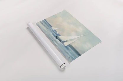 Sailboats at Sunrise by Julia Purinton. shown as a rolled paper print. Available as archival giclee rolled canvas, fine art paper, or poster print. SKU 62632i.