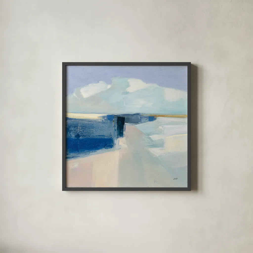 Sand and Sky by Julia Purinton. Shown in a sleek black glass frame for a contemporary gallery look. Available as an archival giclee rolled canvas, fine art paper, or poster print. SKU 70758a.