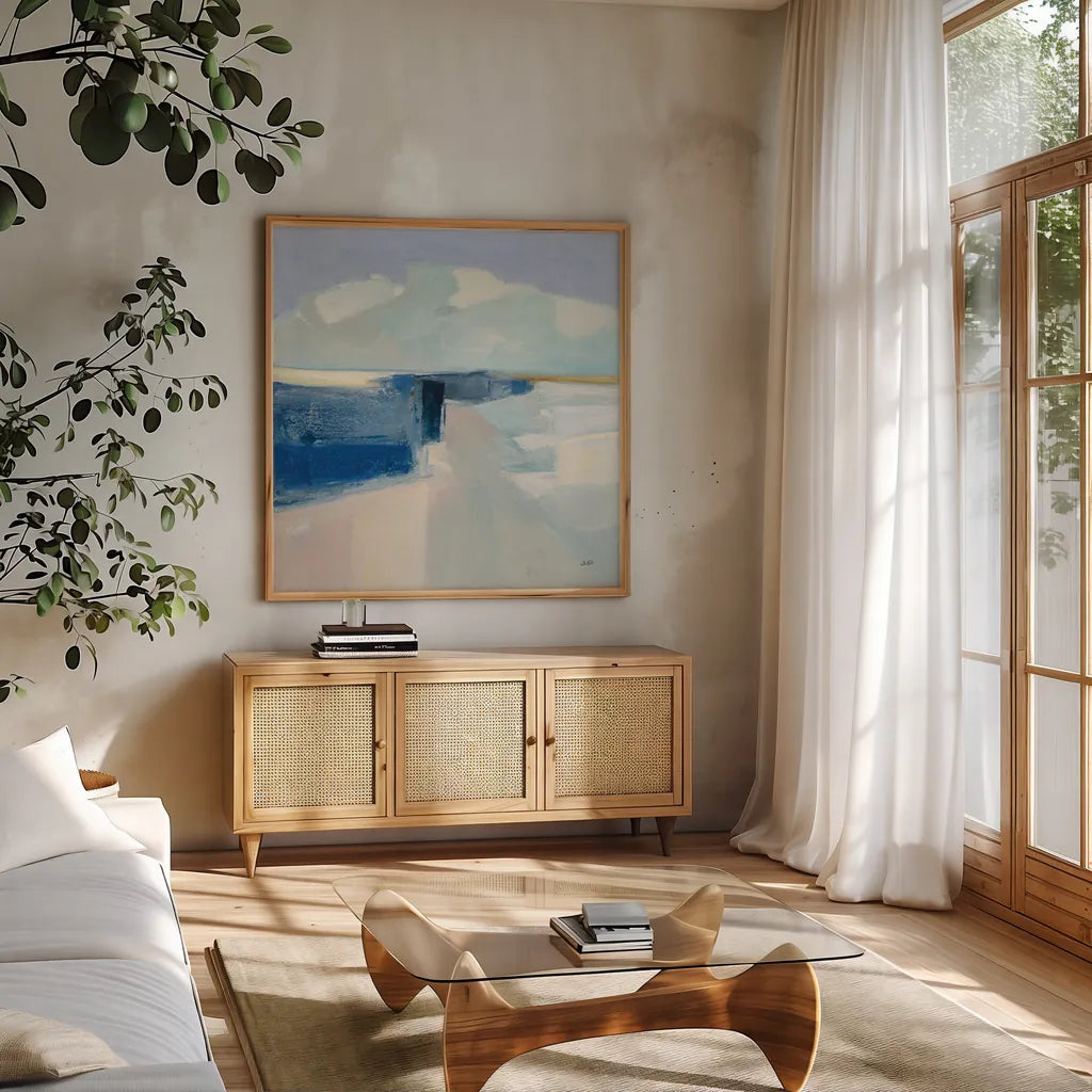 Sand and Sky by Julia Purinton. Shown in a natural wood frame in a cozy modern living room. Available as an archival giclee rolled canvas, fine art paper, or poster print. SKU 70758a.