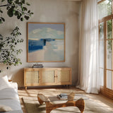 Sand and Sky by Julia Purinton. Shown in a natural wood frame in a cozy modern living room. Available as an archival giclee rolled canvas, fine art paper, or poster print. SKU 70758a.