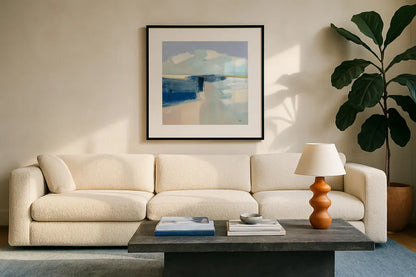 Sand and Sky by Julia Purinton. Displayed in a glass frame with matte in a clean modern living room. Available as an archival giclee rolled canvas, fine art paper, or poster print. SKU 70758a.