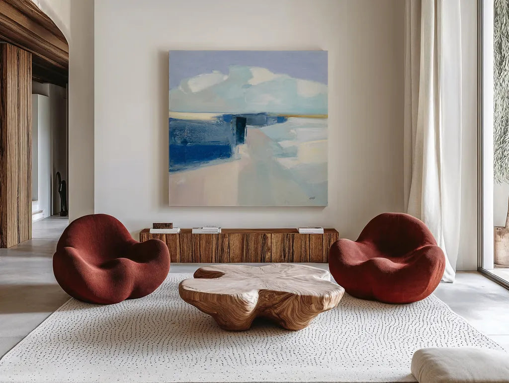 Sand and Sky by Julia Purinton. Shown as extra-large giant wall art in a modern living room. Available as an archival giclee rolled canvas, fine art paper, or poster print. SKU 70758a.