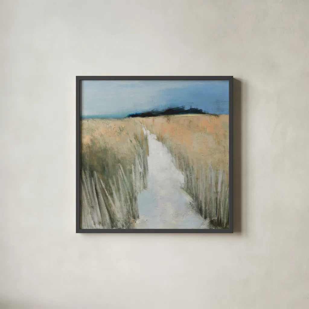 Sandy Path by Julia Purinton. Shown in a sleek black glass frame for a contemporary gallery look. Available as an archival giclee rolled canvas, fine art paper, or poster print. SKU 102763a.