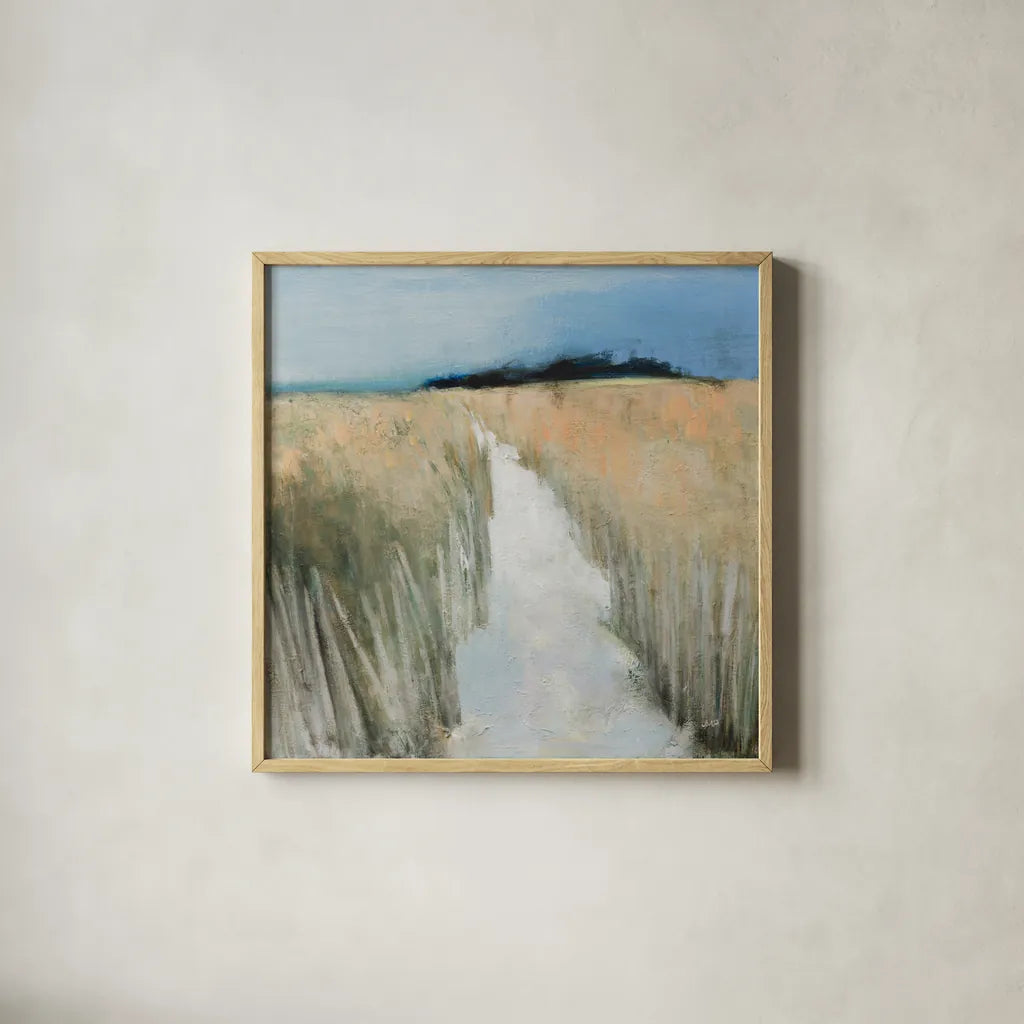Sandy Path by Julia Purinton. Shown in a natural wood glass frame for a timeless modern aesthetic. Available as an archival giclee rolled canvas, fine art paper, or poster print. SKU 102763a.