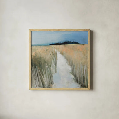 Sandy Path by Julia Purinton. Shown in a natural wood glass frame for a timeless modern aesthetic. Available as an archival giclee rolled canvas, fine art paper, or poster print. SKU 102763a.
