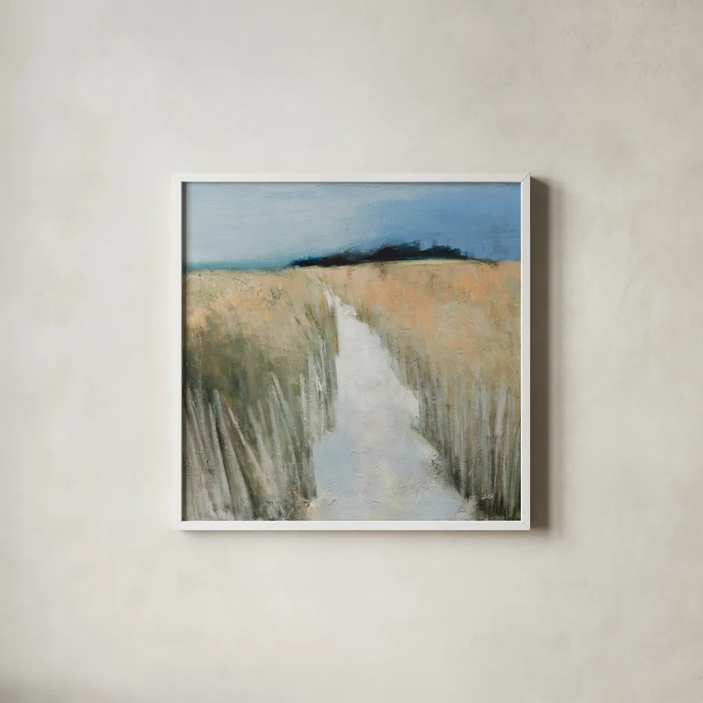 Sandy Path by Julia Purinton. Shown in a crisp white glass frame for a clean and minimalist style. Available as an archival giclee rolled canvas, fine art paper, or poster print. SKU 102763a.