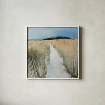 Sandy Path by Julia Purinton. Shown in a crisp white glass frame for a clean and minimalist style. Available as an archival giclee rolled canvas, fine art paper, or poster print. SKU 102763a.