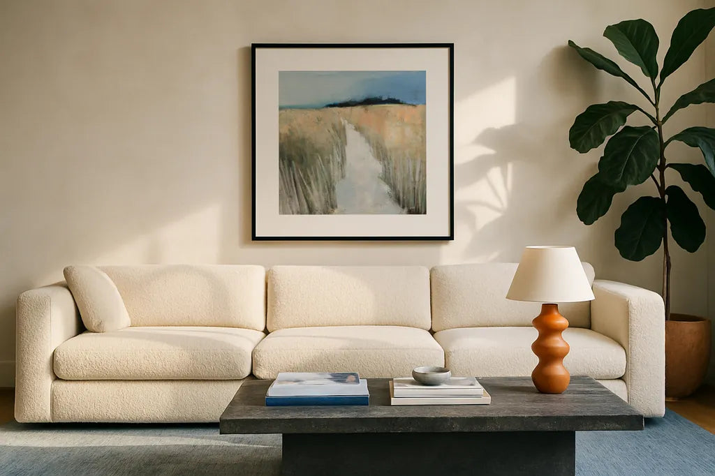 Sandy Path by Julia Purinton. Displayed in a glass frame with matte in a clean modern living room. Available as an archival giclee rolled canvas, fine art paper, or poster print. SKU 102763a.