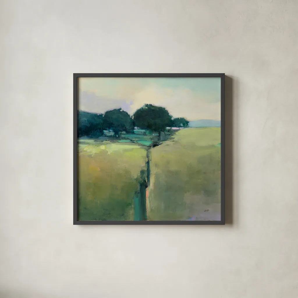 Scenic Meadow by Julia Purinton. Shown in a sleek black glass frame for a contemporary gallery look. Available as an archival giclee rolled canvas, fine art paper, or poster print. SKU 63327a.