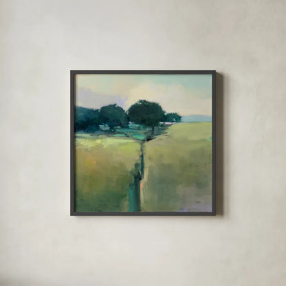 Scenic Meadow by Julia Purinton. Shown in a sleek black glass frame for a contemporary gallery look. Available as an archival giclee rolled canvas, fine art paper, or poster print. SKU 63327a.