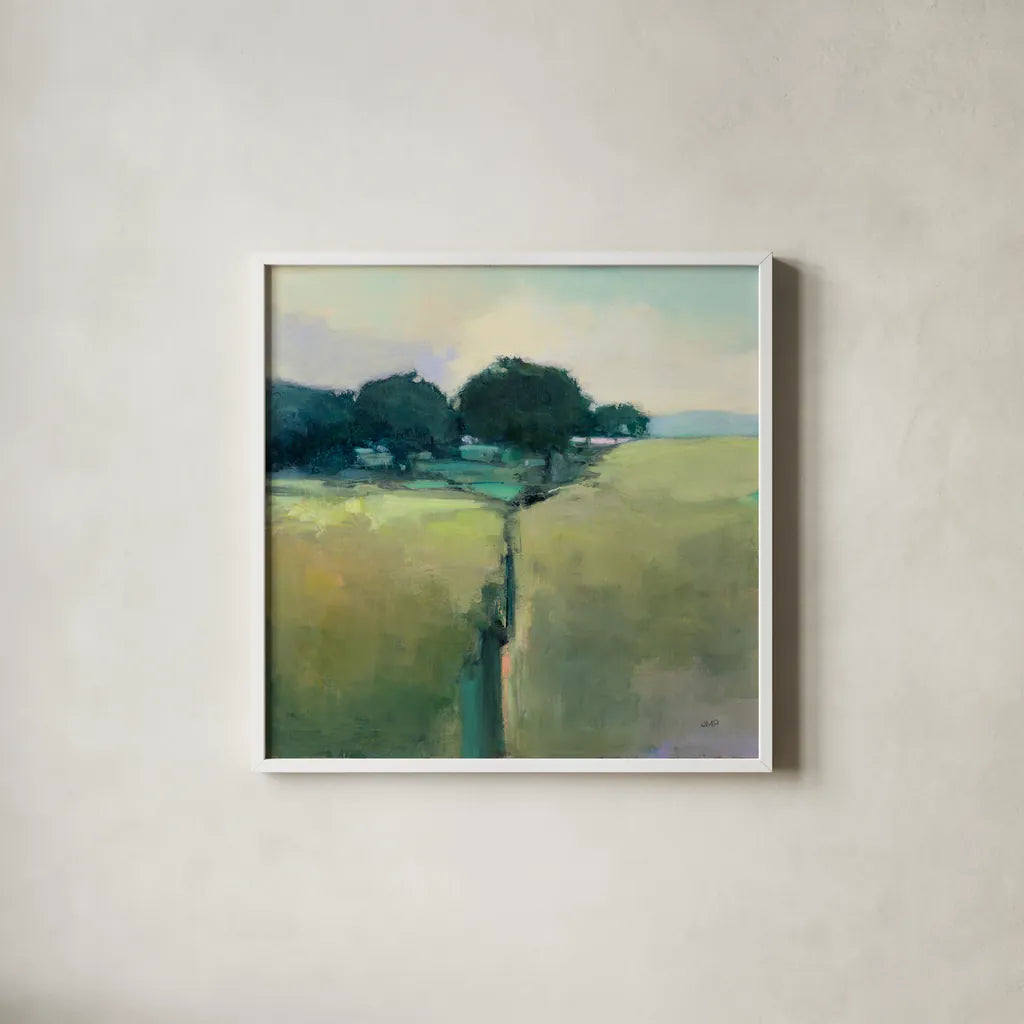 Scenic Meadow by Julia Purinton. Shown in a crisp white glass frame for a clean and minimalist style. Available as an archival giclee rolled canvas, fine art paper, or poster print. SKU 63327a.