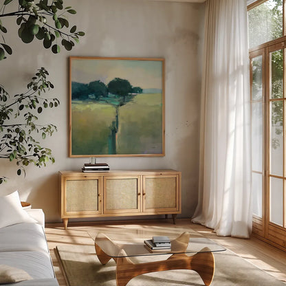 Scenic Meadow by Julia Purinton. Shown in a natural wood frame in a cozy modern living room. Available as an archival giclee rolled canvas, fine art paper, or poster print. SKU 63327a.