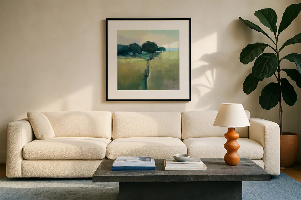 Scenic Meadow by Julia Purinton. Displayed in a glass frame with matte in a clean modern living room. Available as an archival giclee rolled canvas, fine art paper, or poster print. SKU 63327a.