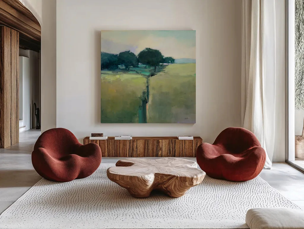 Scenic Meadow by Julia Purinton. Shown as extra-large giant wall art in a modern living room. Available as an archival giclee rolled canvas, fine art paper, or poster print. SKU 63327a.