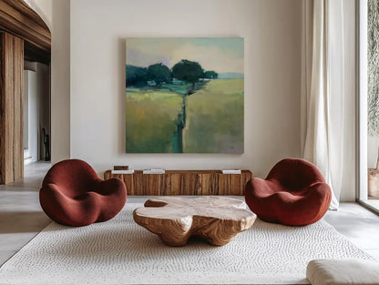 Scenic Meadow by Julia Purinton. Shown as extra-large giant wall art in a modern living room. Available as an archival giclee rolled canvas, fine art paper, or poster print. SKU 63327a.
