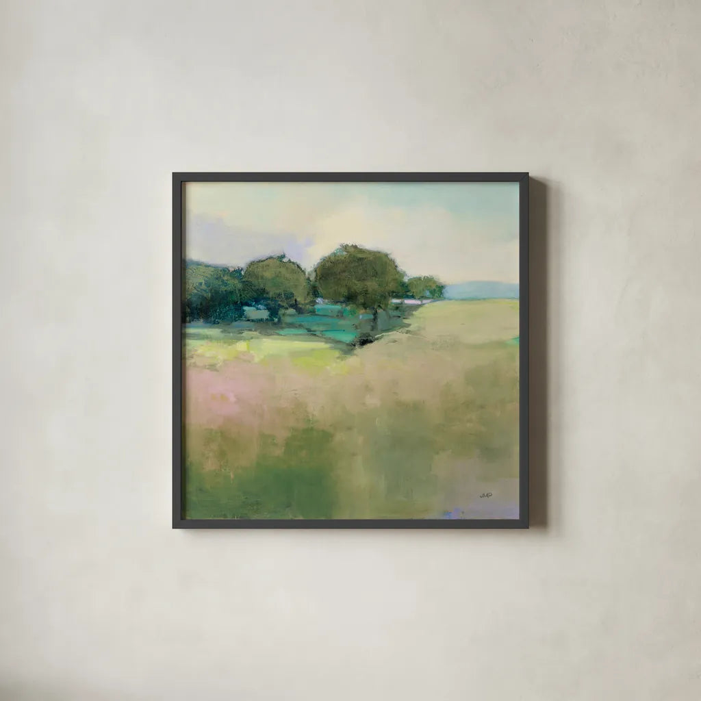 Scenic Meadow Light by Julia Purinton. Shown in a sleek black glass frame for a contemporary gallery look. Available as an archival giclee rolled canvas, fine art paper, or poster print. SKU 74172a.