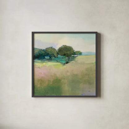 Scenic Meadow Light by Julia Purinton. Shown in a sleek black glass frame for a contemporary gallery look. Available as an archival giclee rolled canvas, fine art paper, or poster print. SKU 74172a.