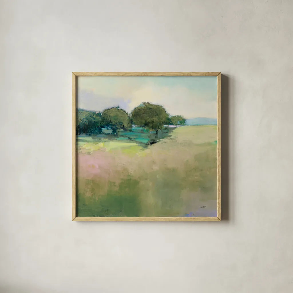 Scenic Meadow Light by Julia Purinton. Shown in a natural wood glass frame for a timeless modern aesthetic. Available as an archival giclee rolled canvas, fine art paper, or poster print. SKU 74172a.