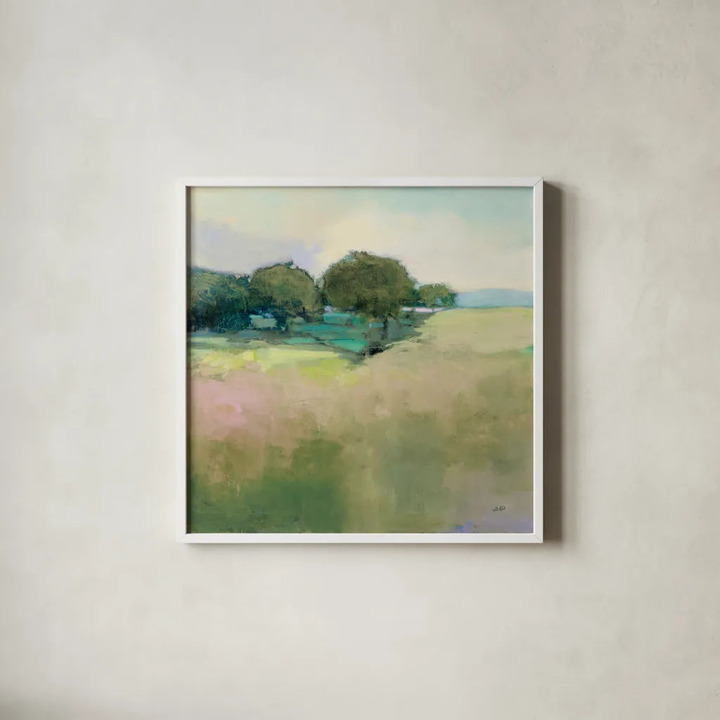 Scenic Meadow Light by Julia Purinton. Shown in a crisp white glass frame for a clean and minimalist style. Available as an archival giclee rolled canvas, fine art paper, or poster print. SKU 74172a.