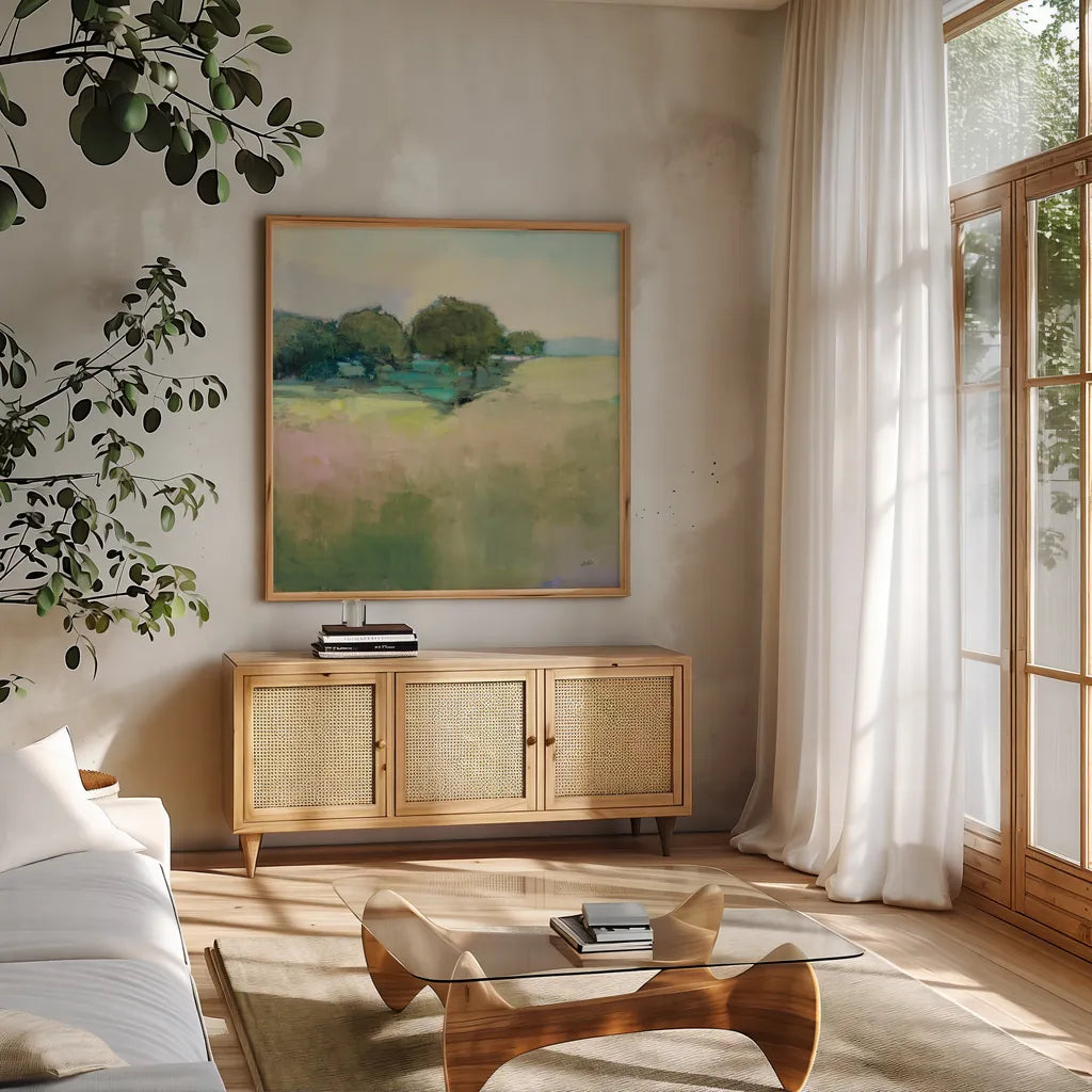 Scenic Meadow Light by Julia Purinton. Shown in a natural wood frame in a cozy modern living room. Available as an archival giclee rolled canvas, fine art paper, or poster print. SKU 74172a.