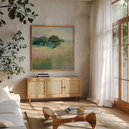 Scenic Meadow Light by Julia Purinton. Shown in a natural wood frame in a cozy modern living room. Available as an archival giclee rolled canvas, fine art paper, or poster print. SKU 74172a.