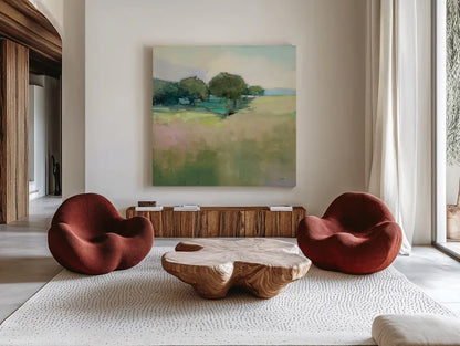 Scenic Meadow Light by Julia Purinton. Shown as extra-large giant wall art in a modern living room. Available as an archival giclee rolled canvas, fine art paper, or poster print. SKU 74172a.