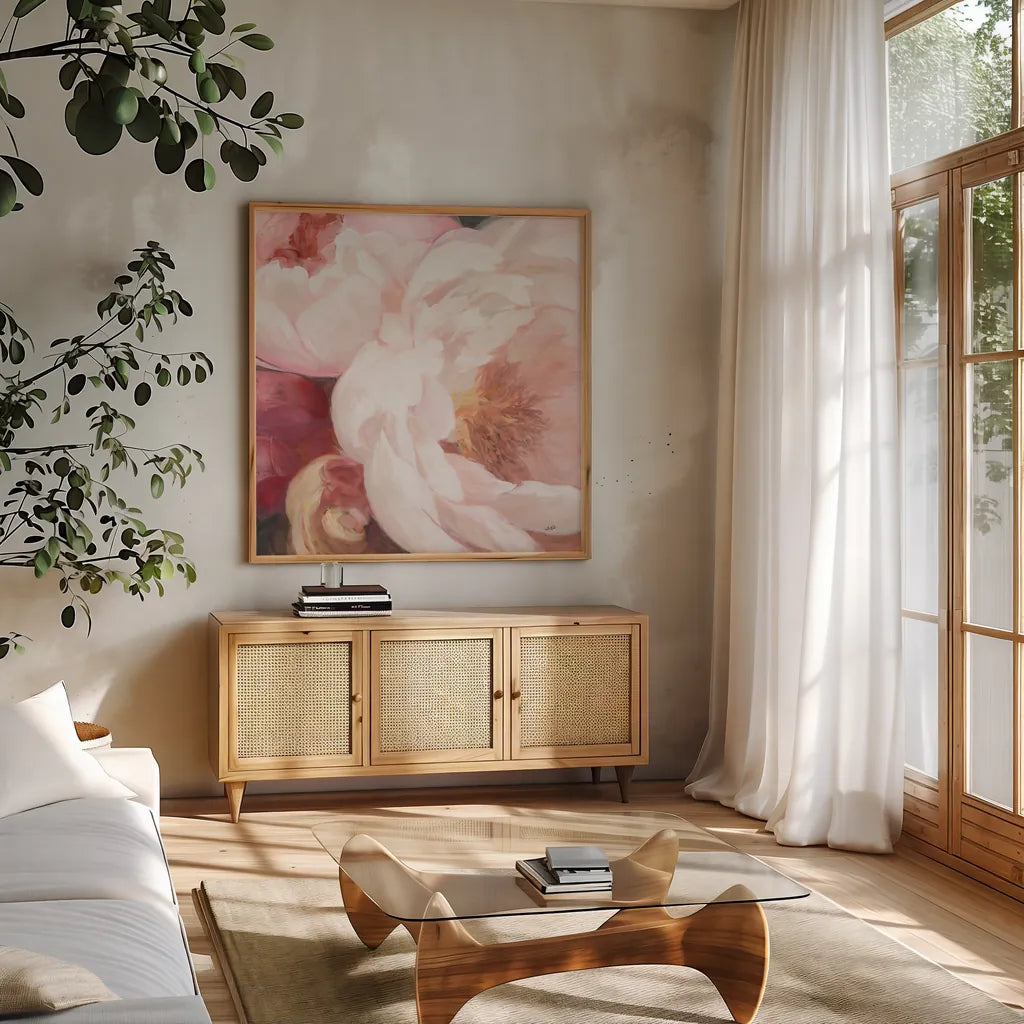 Scent of Summer by Julia Purinton. Shown in a natural wood frame in a cozy modern living room. Available as an archival giclee rolled canvas, fine art paper, or poster print. SKU 71915a.