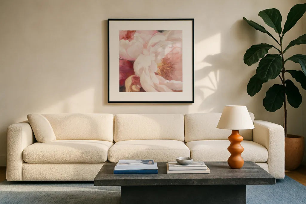 Scent of Summer by Julia Purinton. Displayed in a glass frame with matte in a clean modern living room. Available as an archival giclee rolled canvas, fine art paper, or poster print. SKU 71915a.