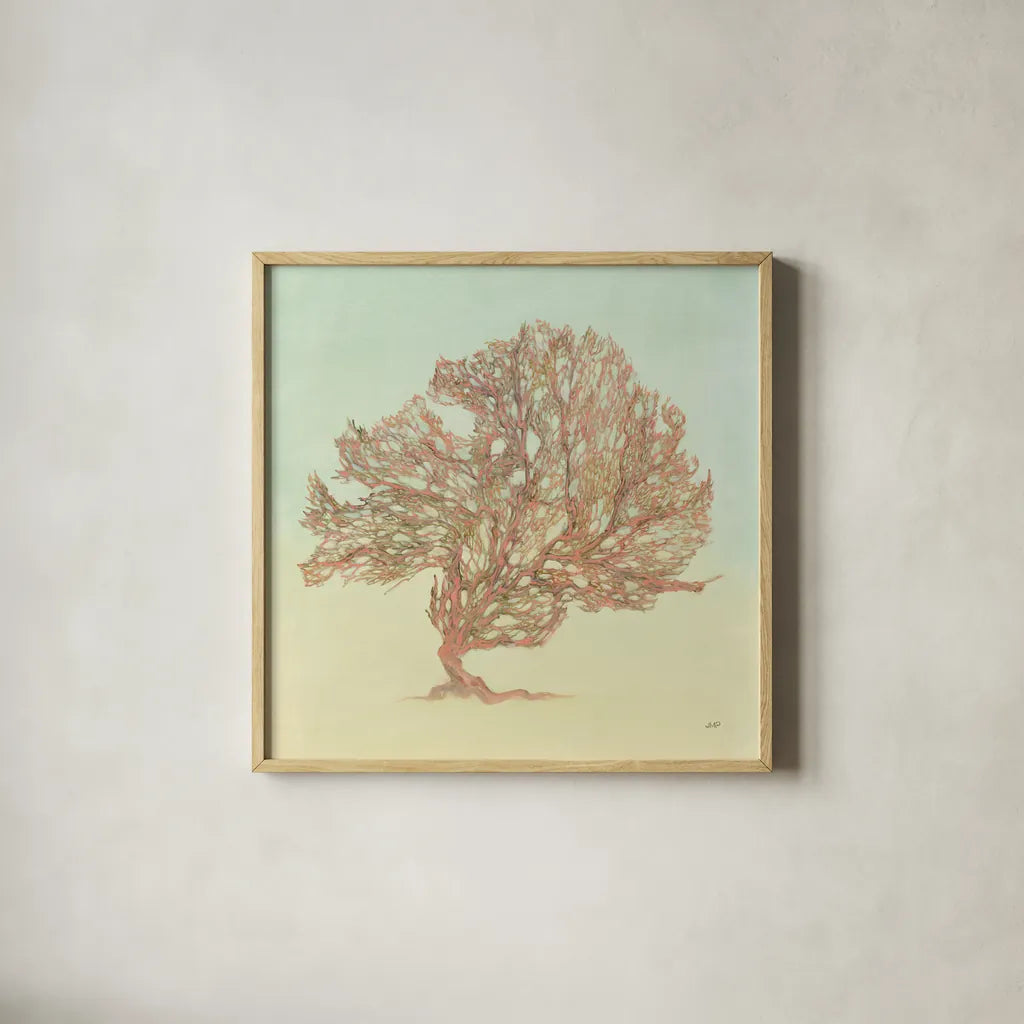 Sea Fern II by Julia Purinton. Shown in a natural wood glass frame for a timeless modern aesthetic. Available as an archival giclee rolled canvas, fine art paper, or poster print. SKU 66559a.