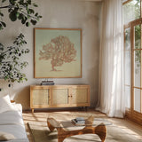 Sea Fern II by Julia Purinton. Shown in a natural wood frame in a cozy modern living room. Available as an archival giclee rolled canvas, fine art paper, or poster print. SKU 66559a.