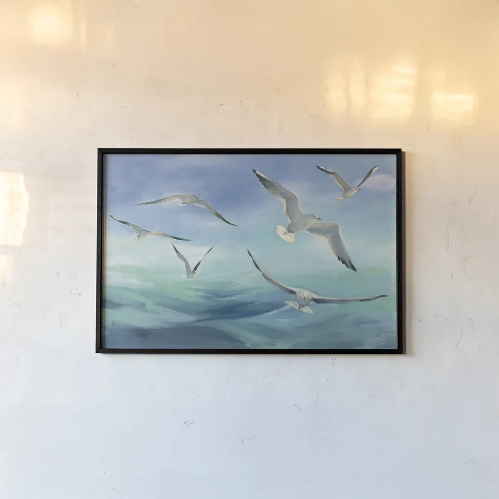 Sea Flight by Julia Purinton. shown as a paper print in a black flame. Available as a archival giclee rolled canvas, fine art paper, or poster print. SKU 66554i.