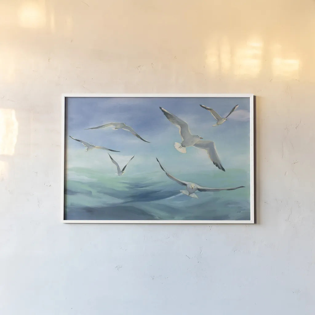 Sea Flight by Julia Purinton. shown as a paper print in a white frame. Available as a archival giclee rolled canvas, fine art paper, or poster print. SKU 66554i.