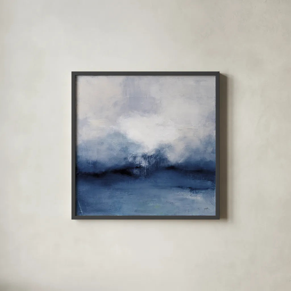 Sea Spray Indigo by Julia Purinton. Shown in a sleek black glass frame for a contemporary gallery look. Available as an archival giclee rolled canvas, fine art paper, or poster print. SKU 79240a.