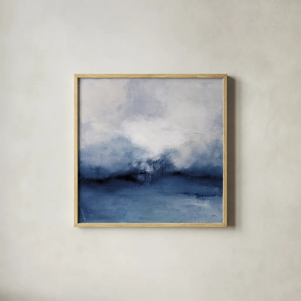 Sea Spray Indigo by Julia Purinton. Shown in a natural wood glass frame for a timeless modern aesthetic. Available as an archival giclee rolled canvas, fine art paper, or poster print. SKU 79240a.
