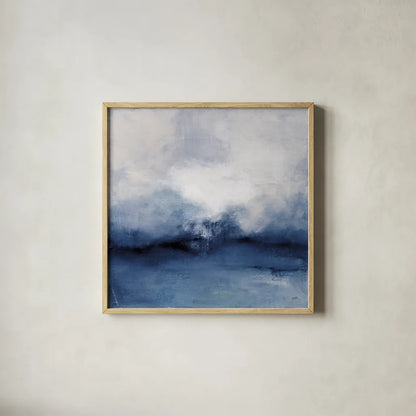 Sea Spray Indigo by Julia Purinton. Shown in a natural wood glass frame for a timeless modern aesthetic. Available as an archival giclee rolled canvas, fine art paper, or poster print. SKU 79240a.