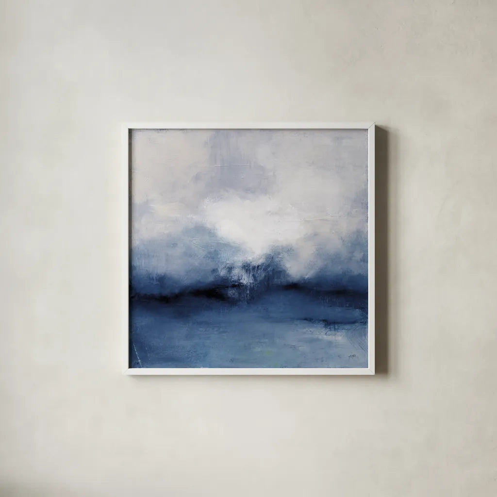 Sea Spray Indigo by Julia Purinton. Shown in a crisp white glass frame for a clean and minimalist style. Available as an archival giclee rolled canvas, fine art paper, or poster print. SKU 79240a.