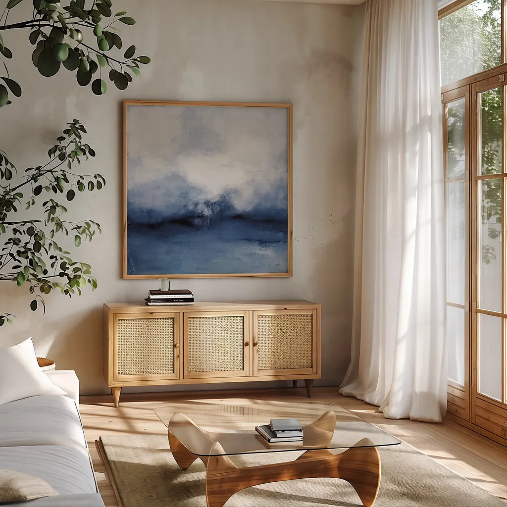 Sea Spray Indigo by Julia Purinton. Shown in a natural wood frame in a cozy modern living room. Available as an archival giclee rolled canvas, fine art paper, or poster print. SKU 79240a.