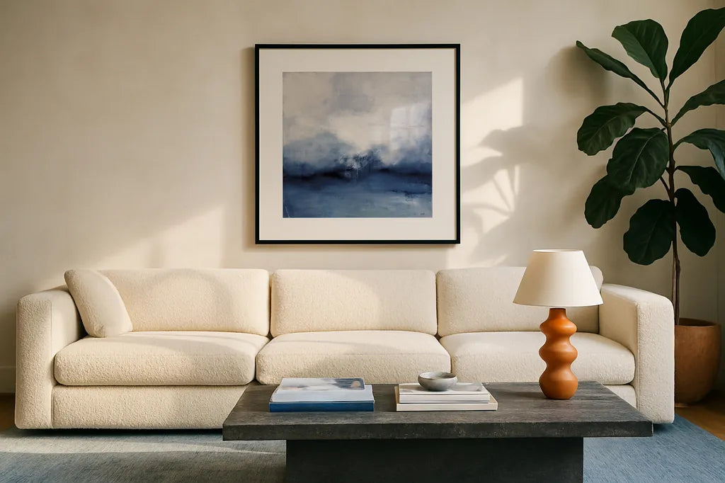 Sea Spray Indigo by Julia Purinton. Displayed in a glass frame with matte in a clean modern living room. Available as an archival giclee rolled canvas, fine art paper, or poster print. SKU 79240a.