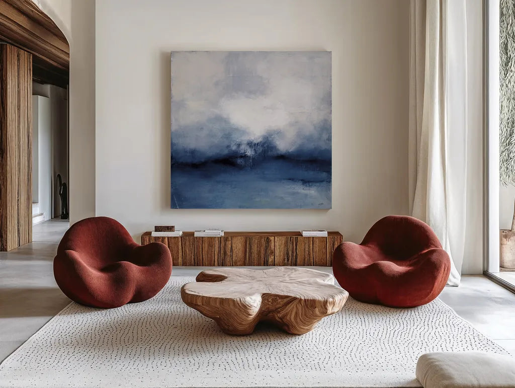 Sea Spray Indigo by Julia Purinton. Shown as extra-large giant wall art in a modern living room. Available as an archival giclee rolled canvas, fine art paper, or poster print. SKU 79240a.