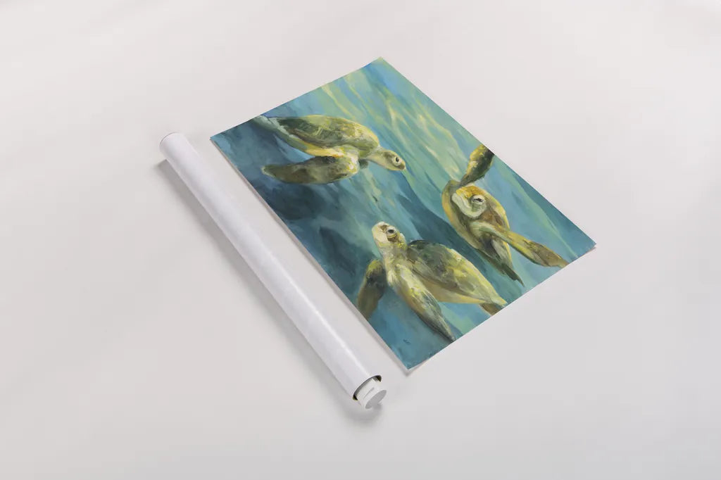 Sea Turtles by Julia Purinton. shown as a rolled paper print. Available as archival giclee rolled canvas, fine art paper, or poster print. SKU 66555i.