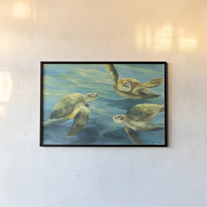 Sea Turtles by Julia Purinton. shown as a paper print in a black flame. Available as a archival giclee rolled canvas, fine art paper, or poster print. SKU 66555i.
