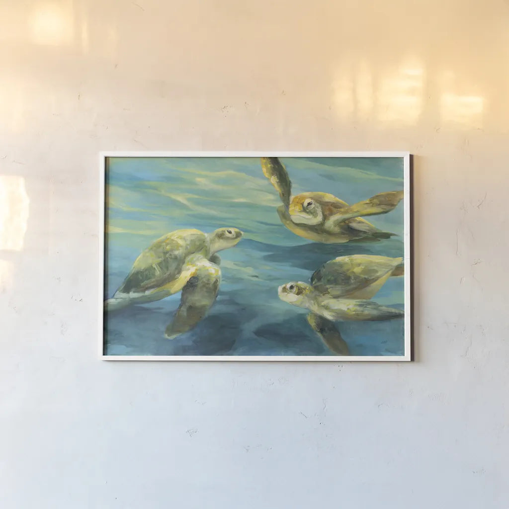 Sea Turtles by Julia Purinton. shown as a paper print in a white frame. Available as a archival giclee rolled canvas, fine art paper, or poster print. SKU 66555i.