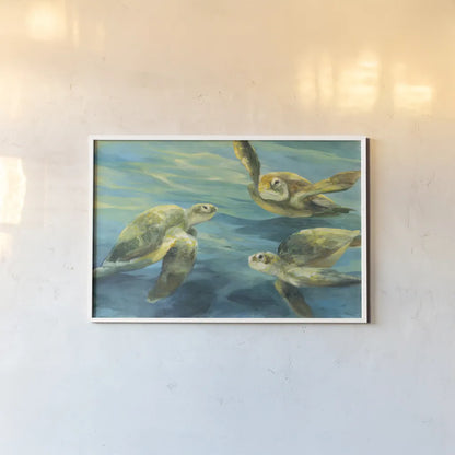 Sea Turtles by Julia Purinton. shown as a paper print in a white frame. Available as a archival giclee rolled canvas, fine art paper, or poster print. SKU 66555i.
