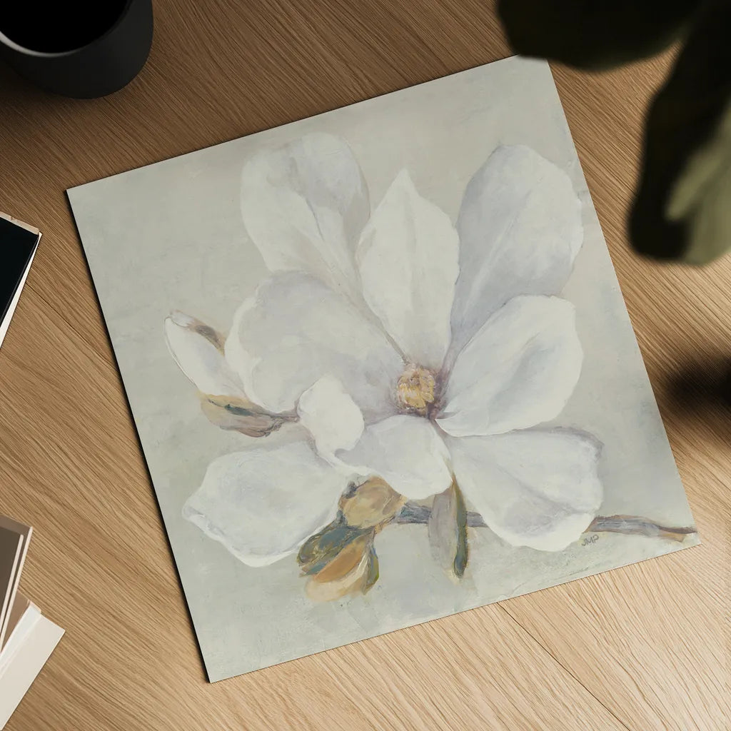 Serene Magnolia by Julia Purinton. Shown as a detailed flat fine art print, highlighting archival giclee quality. Available as an archival giclee rolled canvas, fine art paper, or poster print. SKU 45730a.