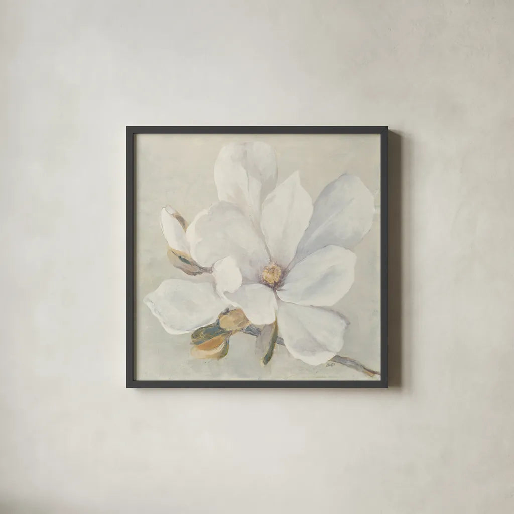 Serene Magnolia by Julia Purinton. Shown in a sleek black glass frame for a contemporary gallery look. Available as an archival giclee rolled canvas, fine art paper, or poster print. SKU 45730a.