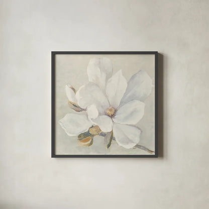 Serene Magnolia by Julia Purinton. Shown in a sleek black glass frame for a contemporary gallery look. Available as an archival giclee rolled canvas, fine art paper, or poster print. SKU 45730a.